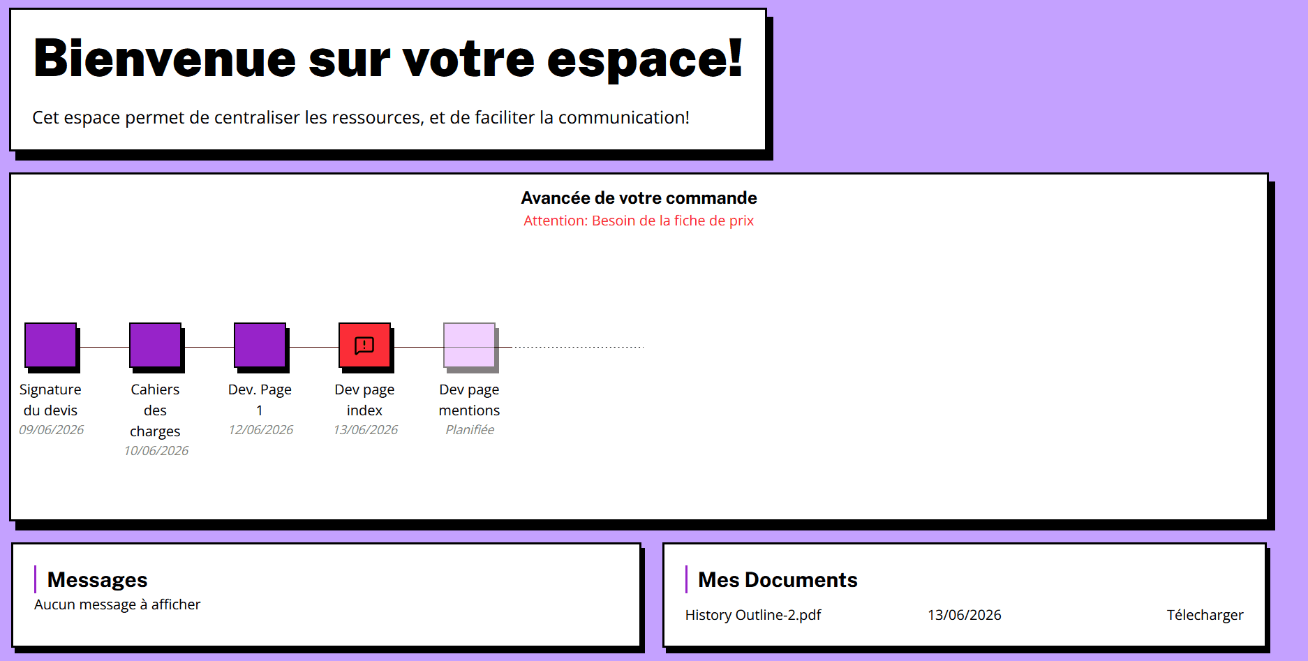 Page d'accueil du site web de gestion de commandes